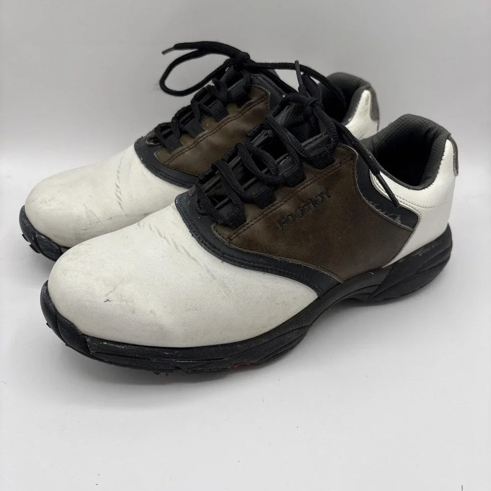 FootJoy GreenJoy 45516 White/Brown Leather Mens Golf Soft Spike Shoes Size 8.5 W